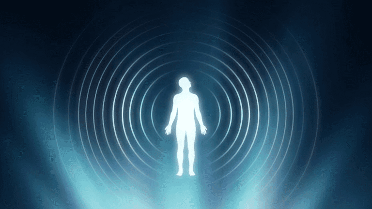 Advanced manifestation techniques visual guide — glowing human silhouette surrounded by expanding consciousness frequency rings on a dark blue background