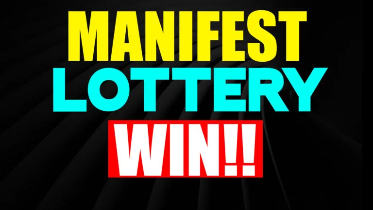Text graphic reading "MANIFEST LOTTERY WIN!!" in bold yellow, cyan, and white lettering over a dark, textured background.