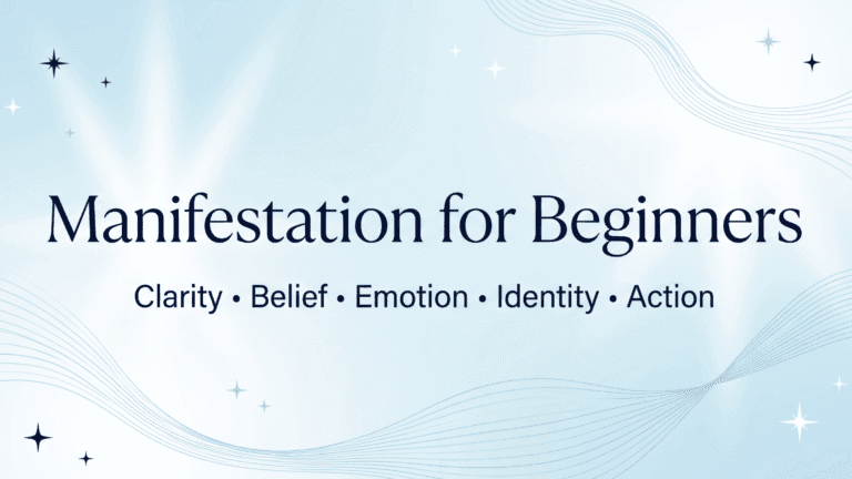 Clean light-blue spiritual poster for Manifestation for Beginners with soft glowing light, subtle stars, flowing wave lines, and the words Clarity, Belief, Emotion, Identity, and Action.
