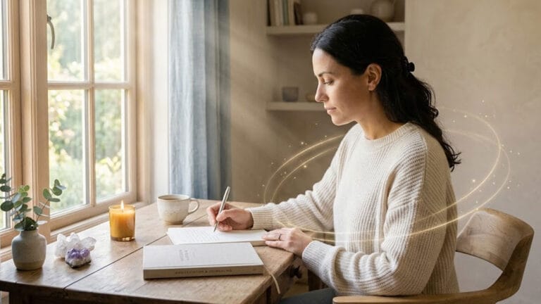 Person journaling manifestation prompts in soft morning light